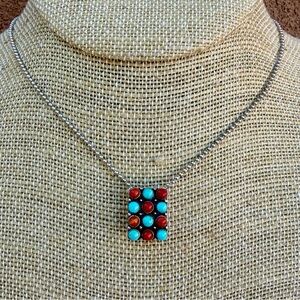 Southwestern Turquoise Coral Mosaic Pendant Artisan Silver Tone Pendant Only